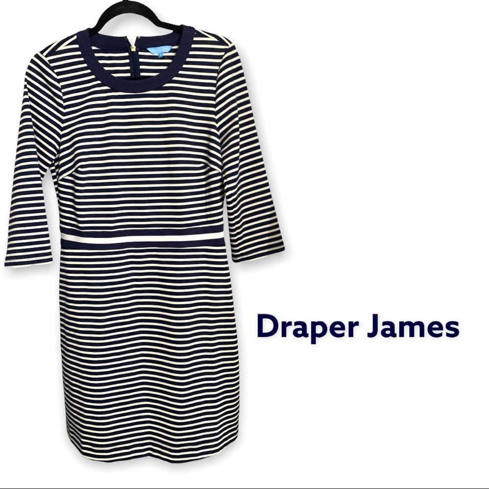 Draper James Stripe Persley Ponte Dress, size medium, Nassau navy multi stripe